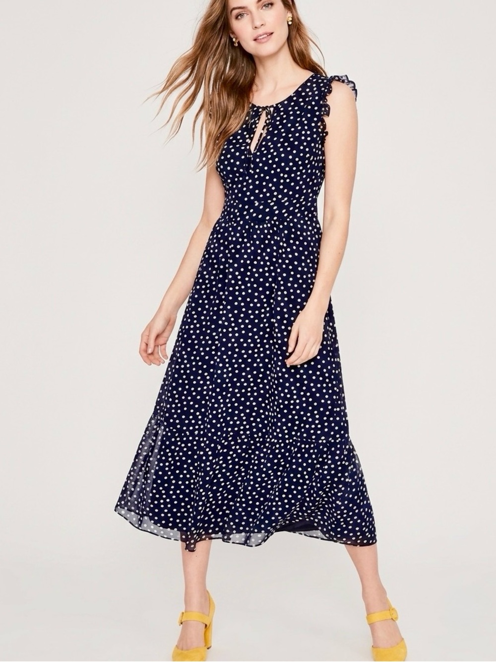 Boden Laura Chiffon Layered Sleeveless Maxi Dress Navy Taupe Polka Dot 10 Long